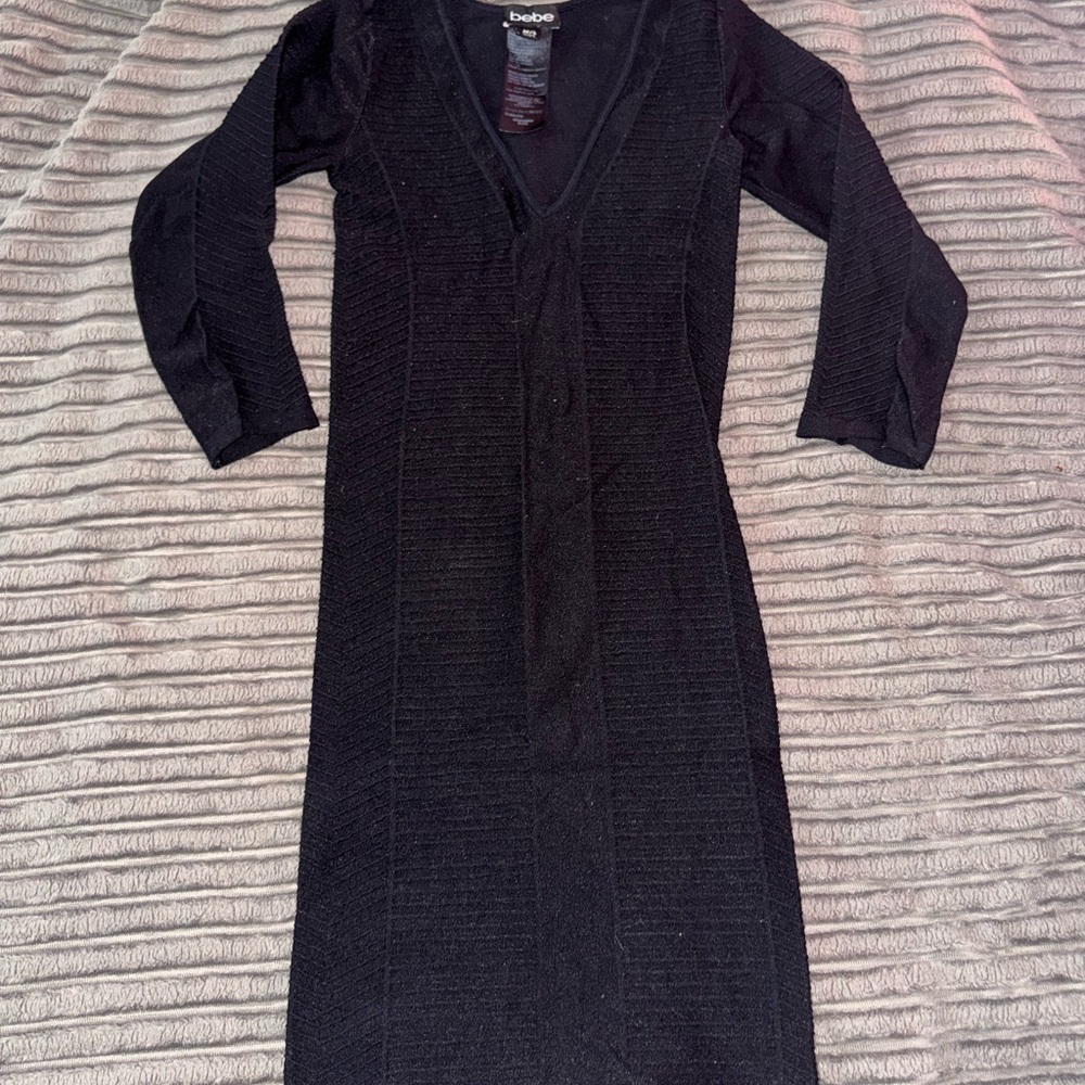 Bebe Black Sheath Dress with V-Neck and Cuffed Long Sleeves